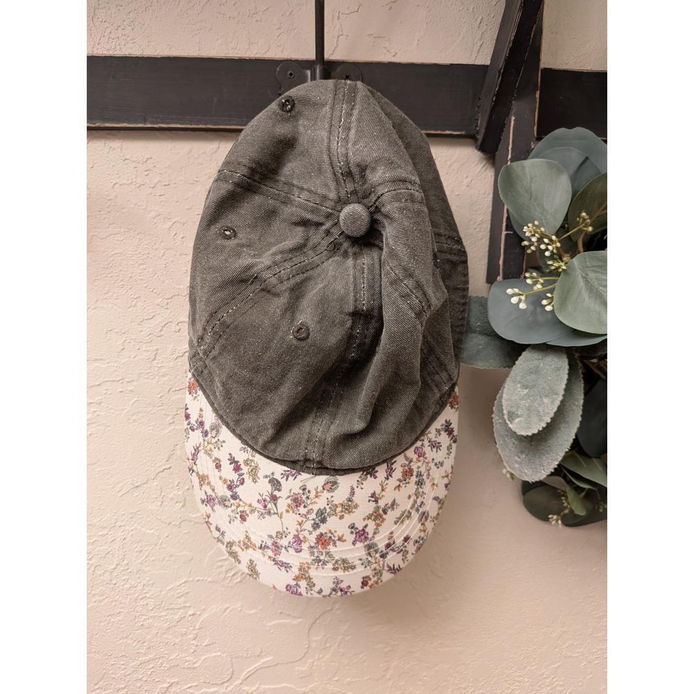 Anthropologie Floral Brim Baseball Cap Washed Olive Green Twill Adjustable Hat